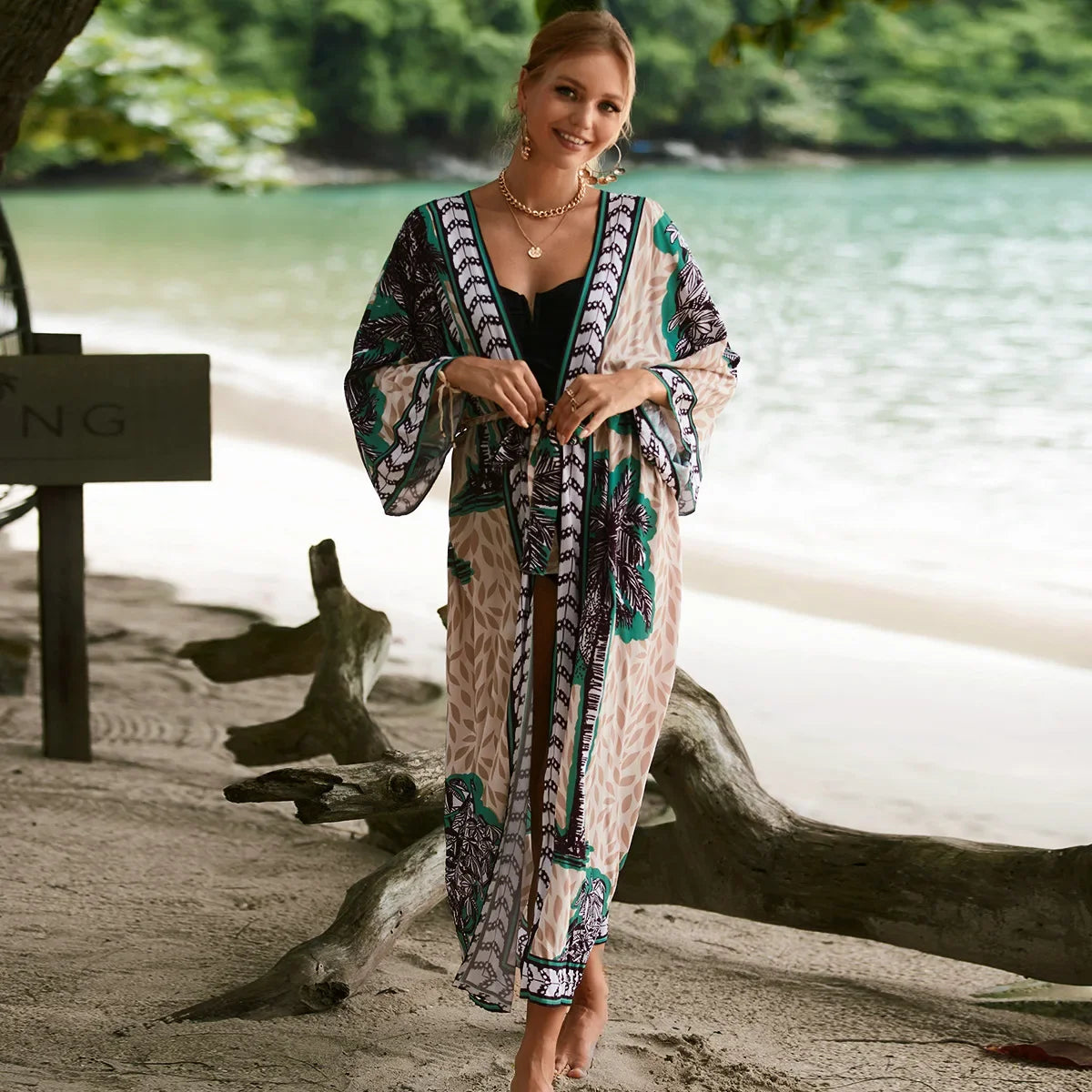 Vibrant Print Kimono Swimsuit Cover-Up – One Size (Fits M–XXL)