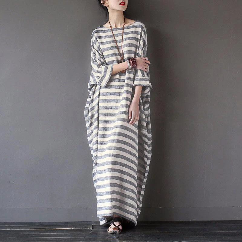 Cotton Linen Striped Maxi Dress