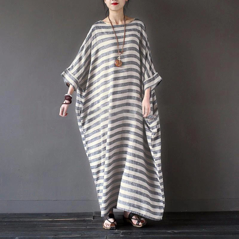 Cotton Linen Striped Maxi Dress