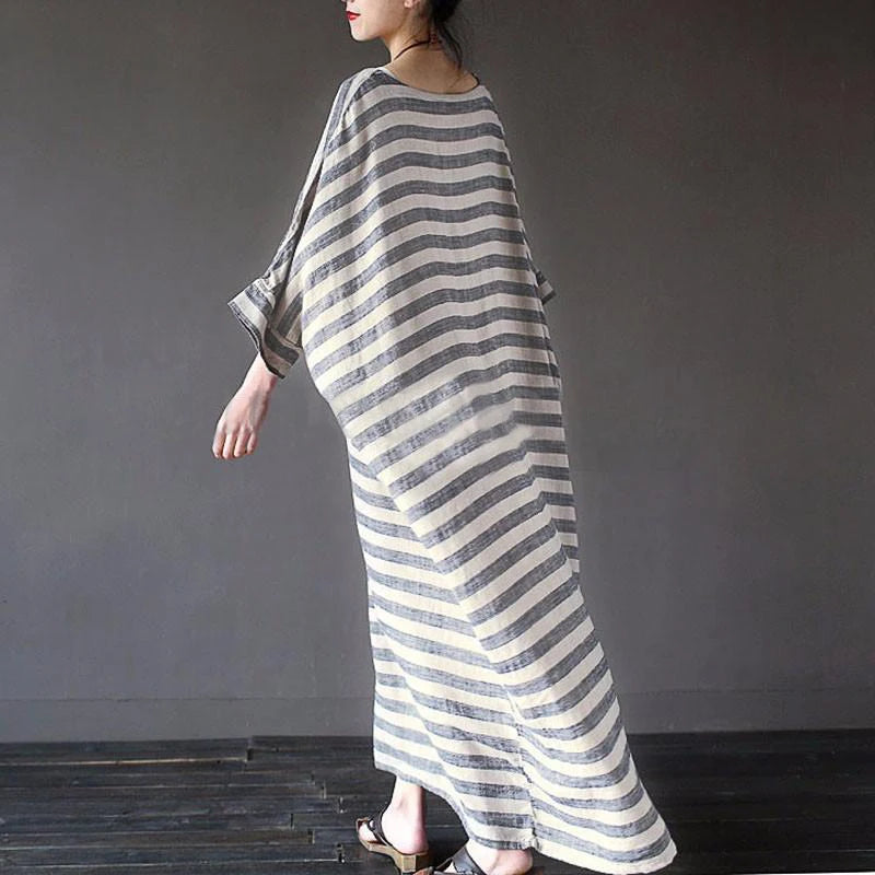 Cotton Linen Striped Maxi Dress