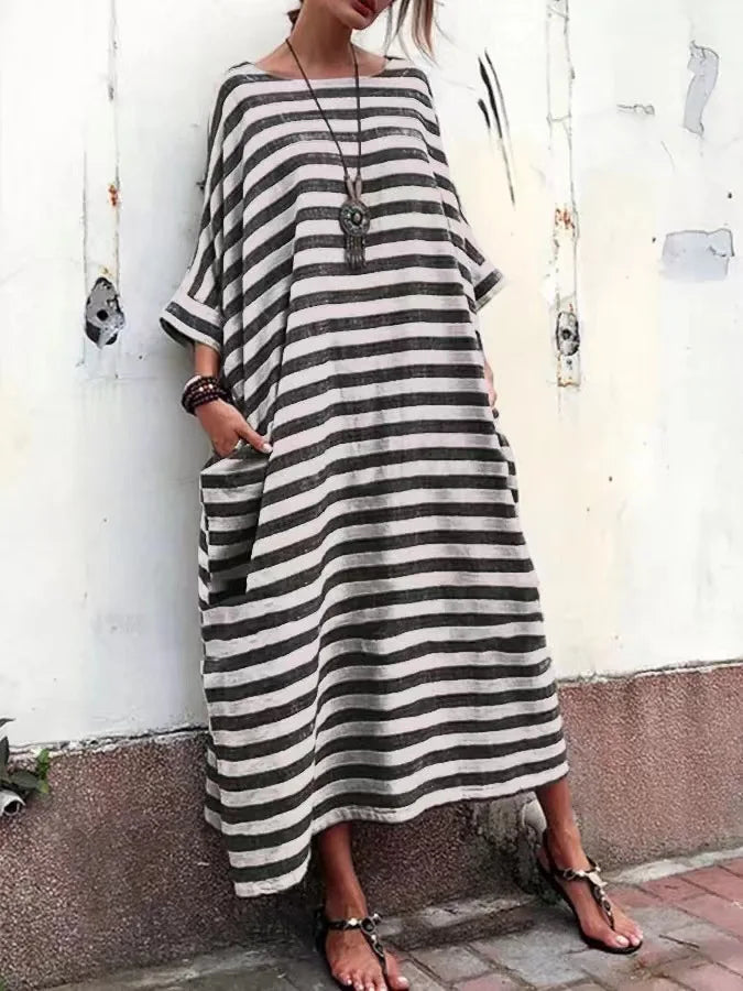 Cotton Linen Striped Maxi Dress
