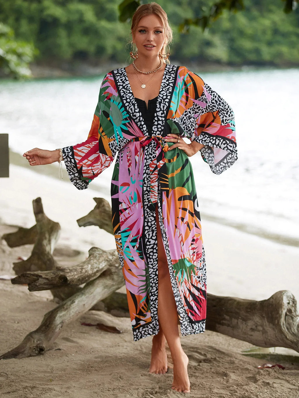 Vibrant Print Kimono Swimsuit Cover-Up – One Size (Fits M–XXL)