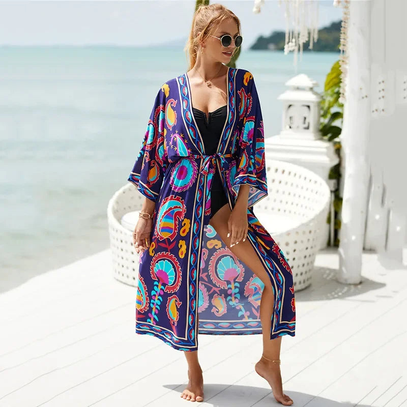 Vibrant Print Kimono Swimsuit Cover-Up – One Size (Fits M–XXL)